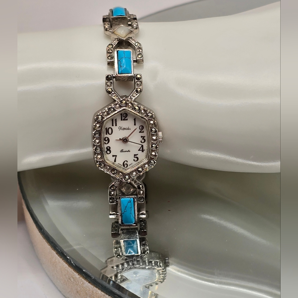 Xanadu Quartz Japan Movement Faux Turquoise & Marcasite Vintage Watch